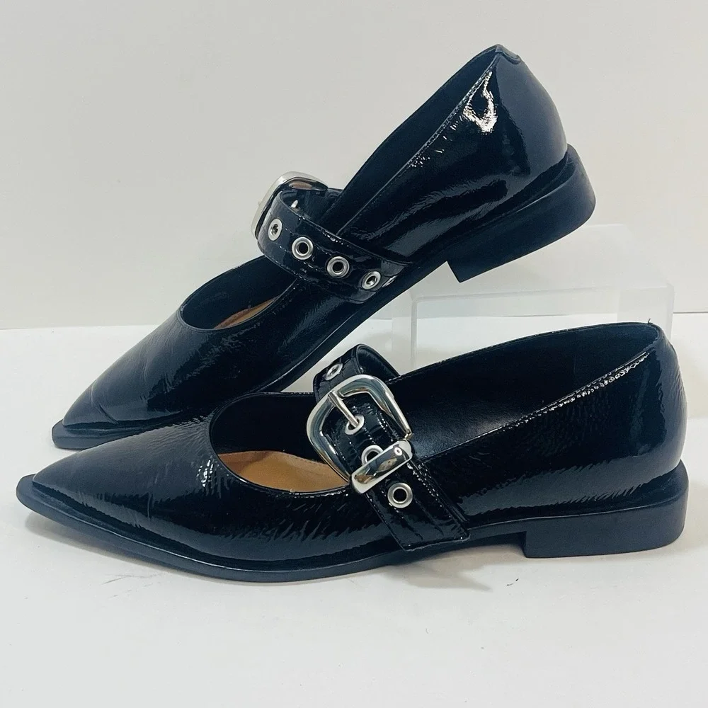 Maeve Pointed-Toe Moto Mary Jane Flats Black Patent Leather – Size 40 US 9-9.5